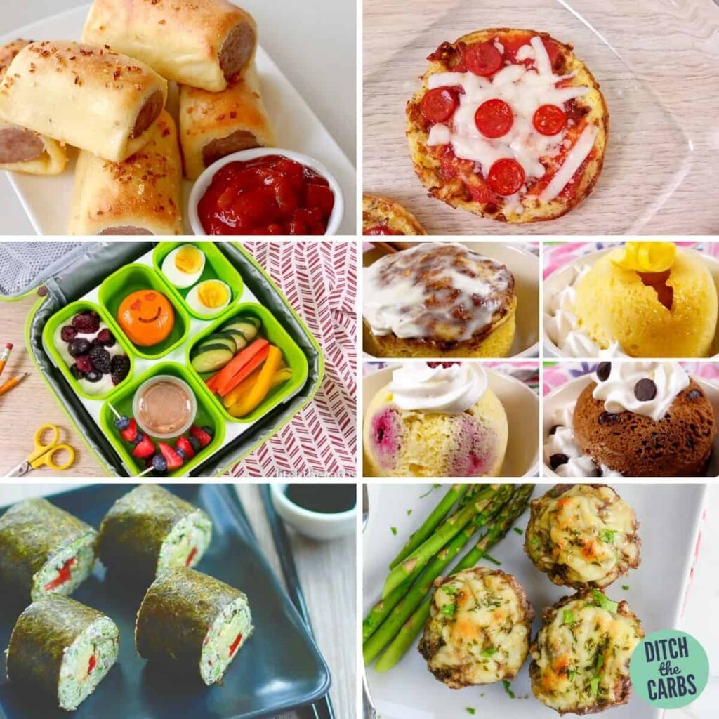 collage of bread free lunch ideas like pizza chaffle, salmon bites, sausage rolls