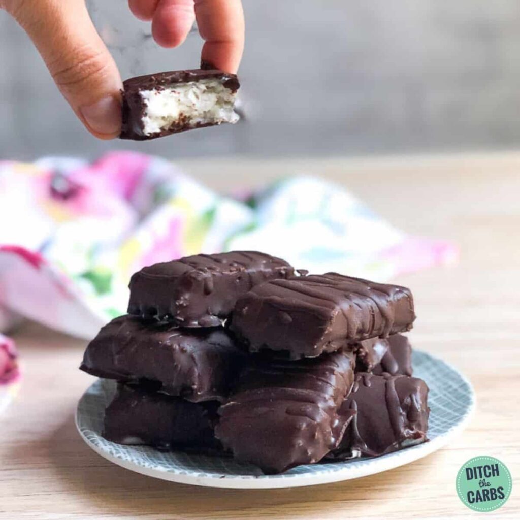 chocolate coated keto bounty bars on a plate