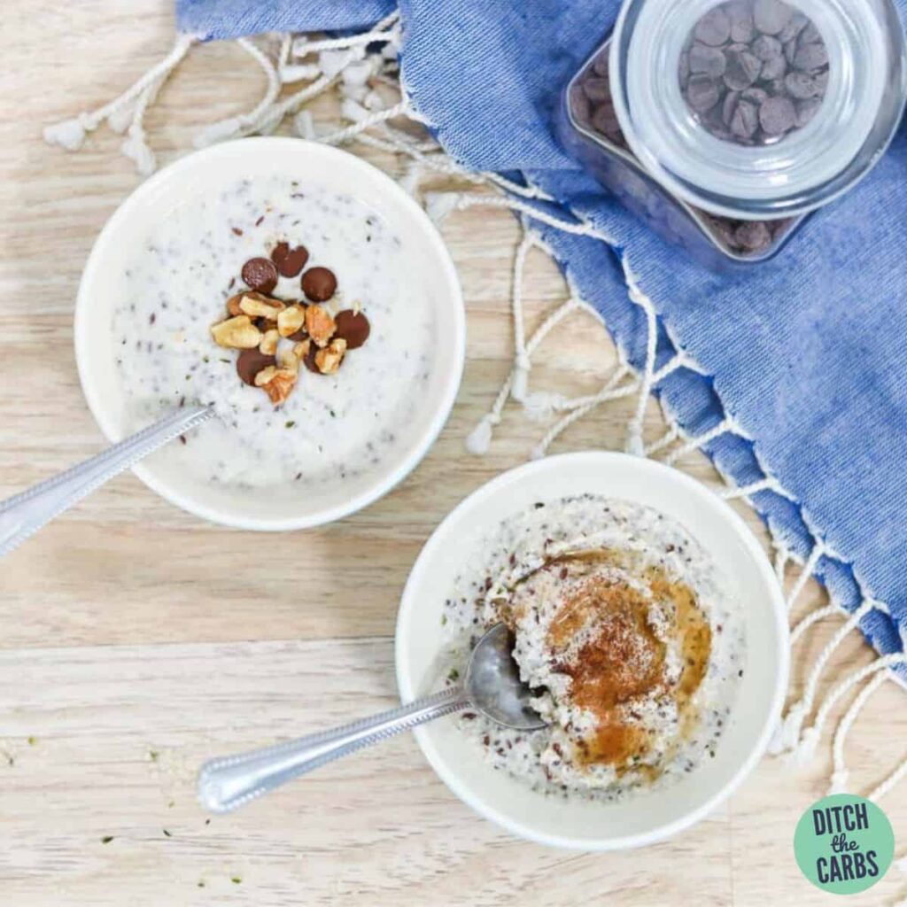 Overhead image of two keto oatmeal bowls topped with maple, cinnamon, walnuts, and sugar-free chocolate chips.