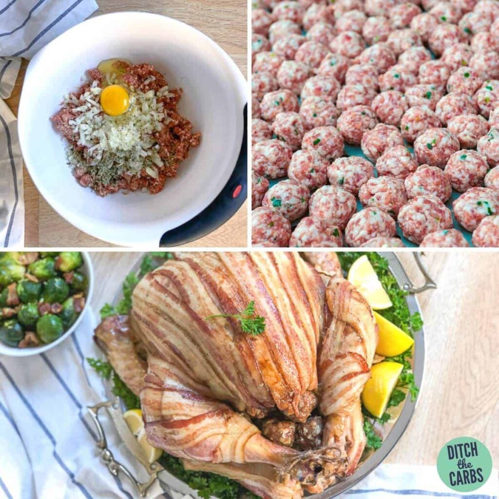 collage of keto stuffing made with sage sausage