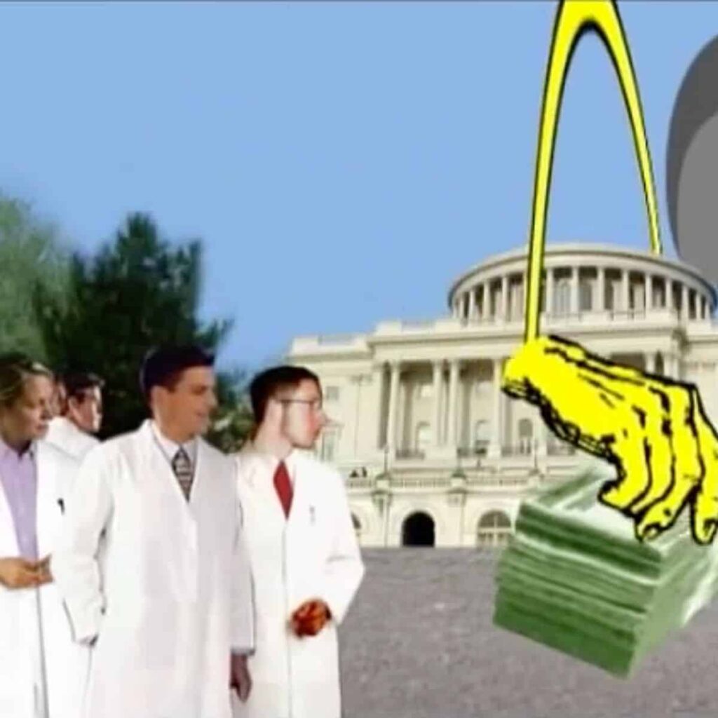 men and women in white coats with cash